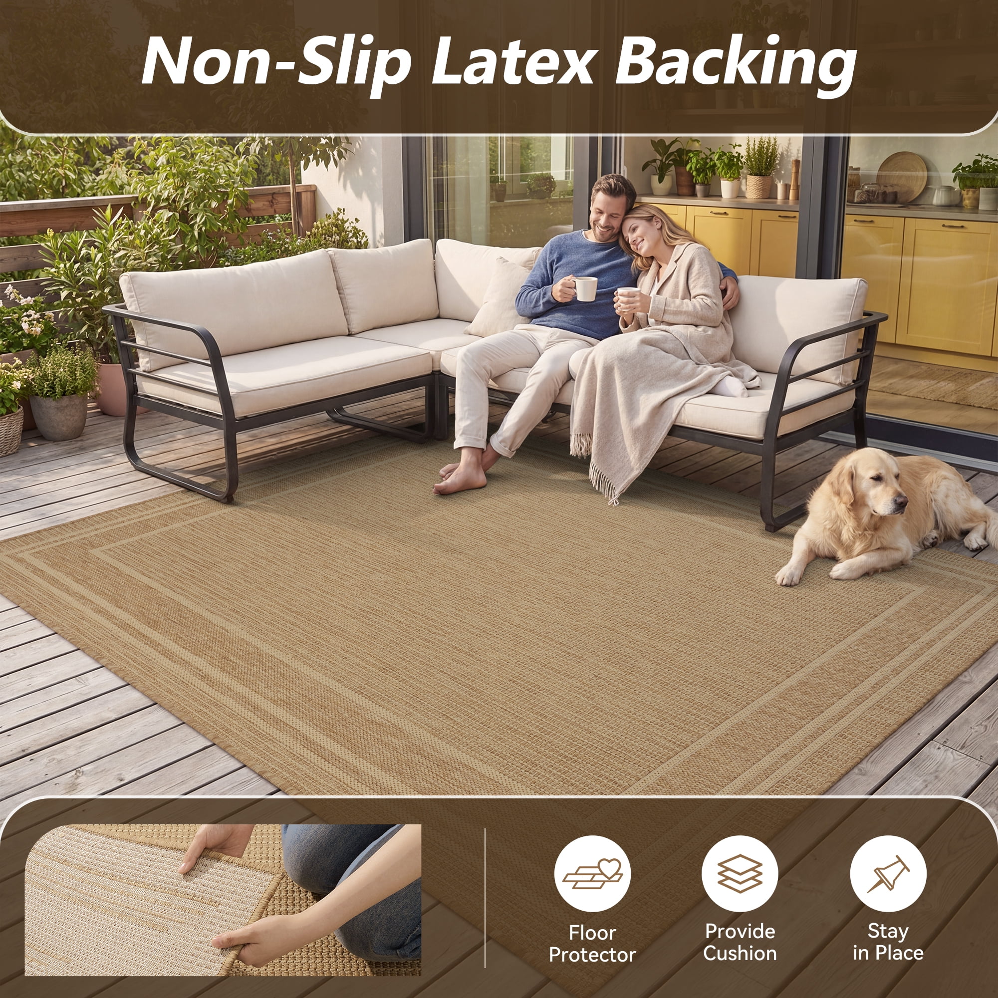 SIXHOME Outdoor Rugs 8'x10' Patio Rug Modern Bordered Indoor Outdoor Rugs Polypropylene Washable Non Shedding, Easy Clean, Waterproof, Durable Outdoor Carpet for Porch Balcony Deck Neutral Brown