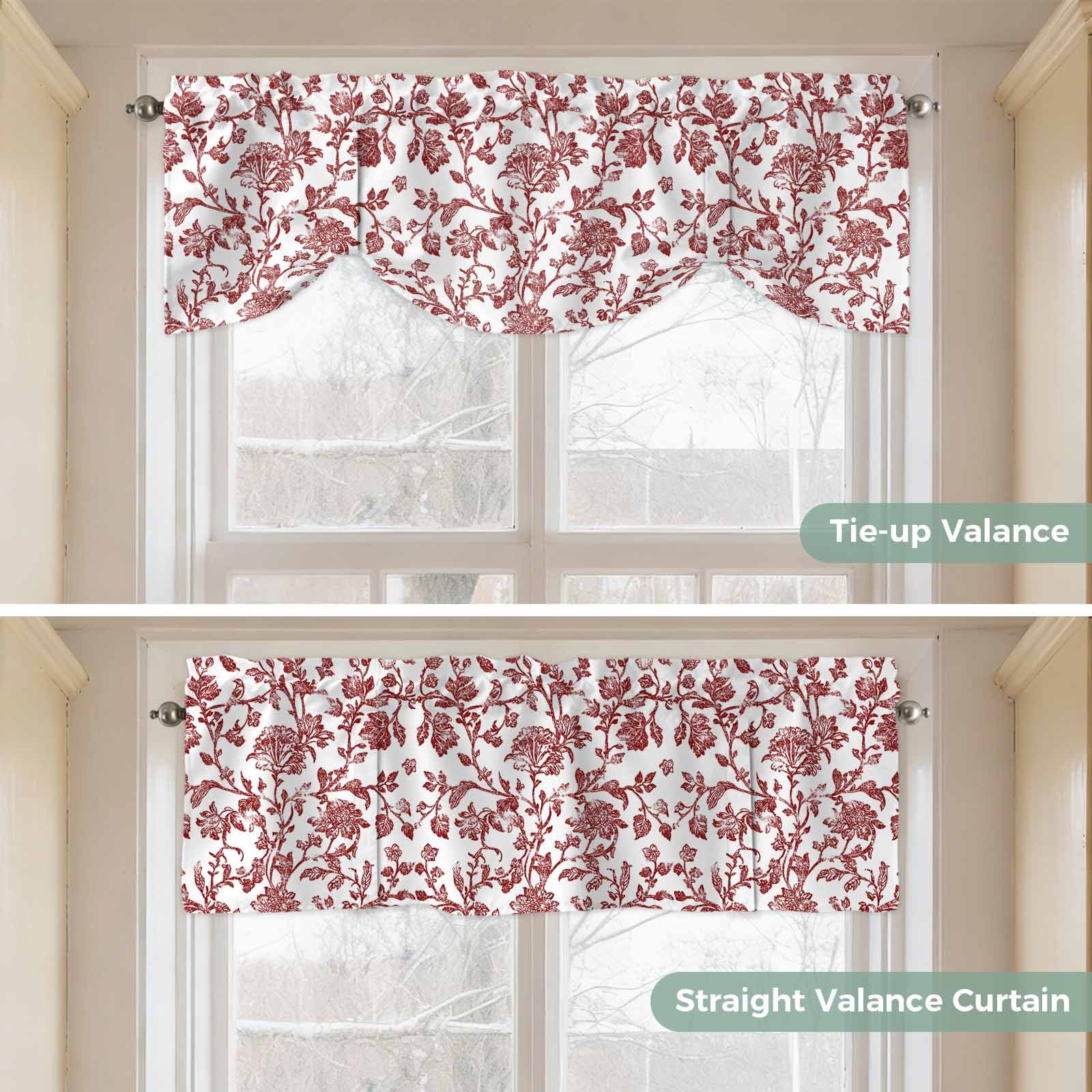 Dark Red Floral Paisley Tie Up Valance for Windows Boho Leaf Vintage Farmhouse Linen Adjustable Curtain Valance Rod Pocket Balloon Shade Window Treatment for Kitchen Living Room Bedroom 60x18inch