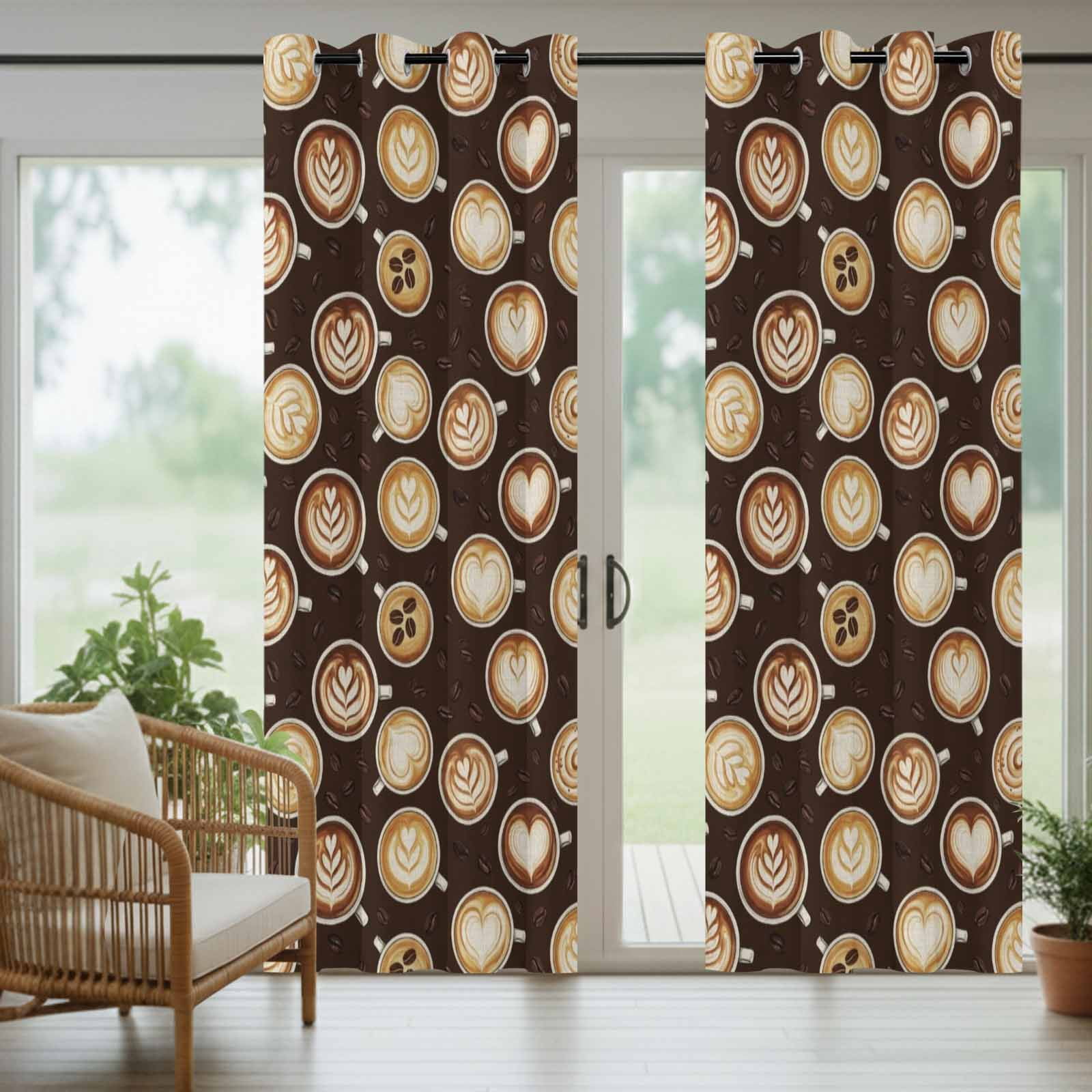 Coffee Cups Outdoor Curtains for Patio, Country Coffee Beans Latte Dark Brown Sunshade Privacy Drapes Grommet Waterproof Outside Curtains for Porch/Cabana/Balcony 54"x 108", 1 Panel