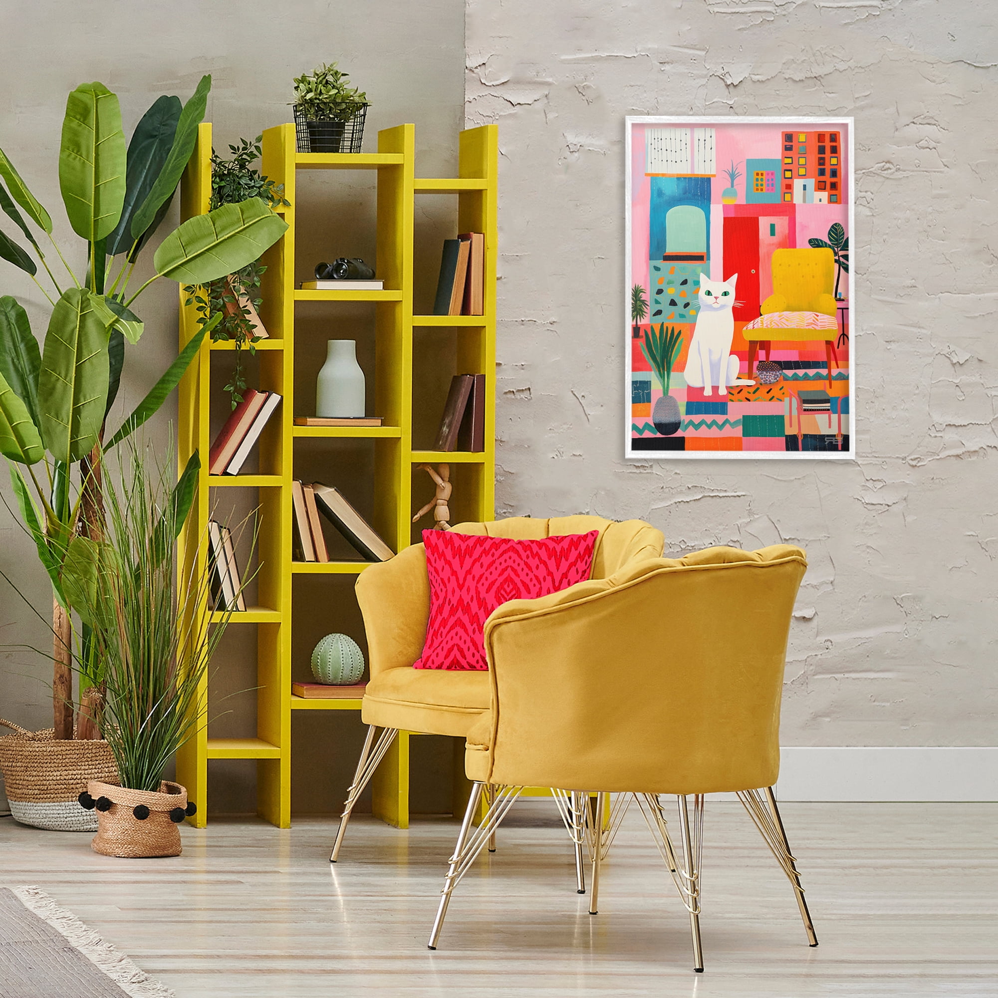 Stupell Industries Cat in Eclectic Interior Animals & Insects Painting White Framed Art Print Wall Art, 20 x 30