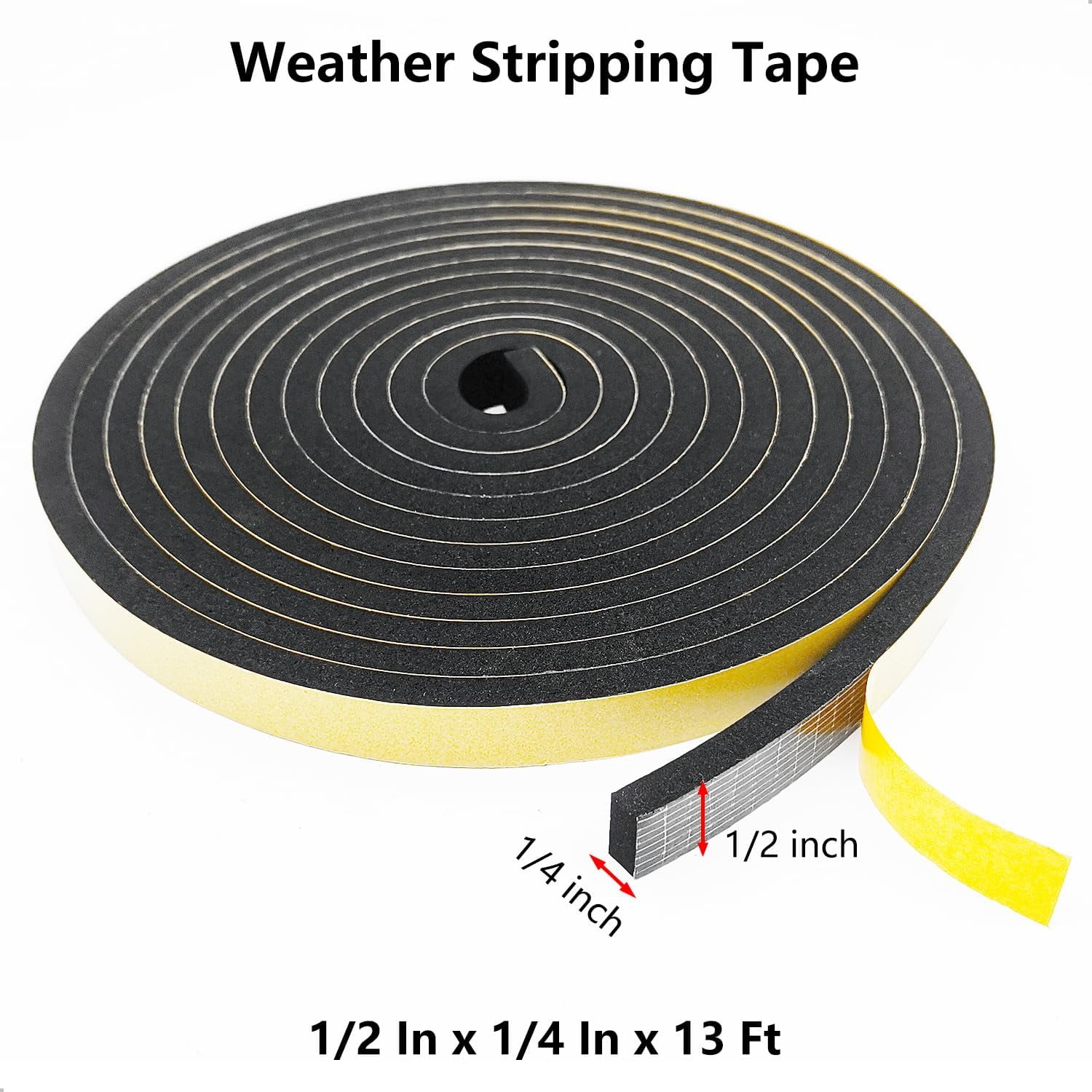Weather Stripping Door Seal Strip, Strong Adhesive, Weatherproof, Reduce Noise, Gap Filler, Foam Insulation Tape for Doors and Windows (1/2 in x 1/4 in x 26 Ft)