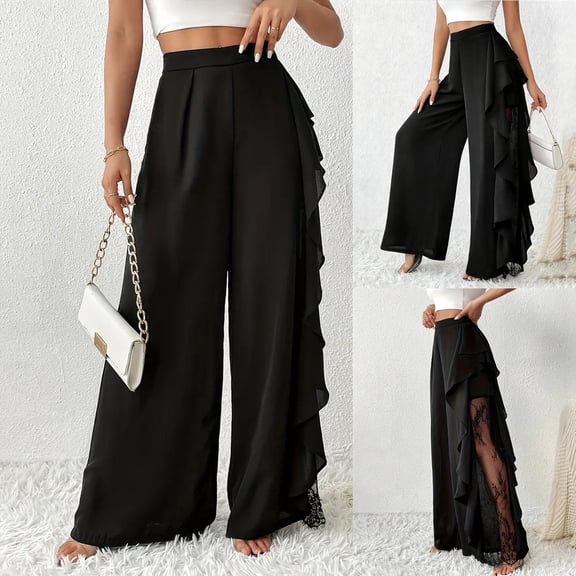 Ailaofu Women's Solid Wide Leg Dress Trousers, High Waist Ruffle Trim Lace Split Side Casual Bottom, Summer Elegant Pants for Cocktail Party Evening Dating Formal Occasions