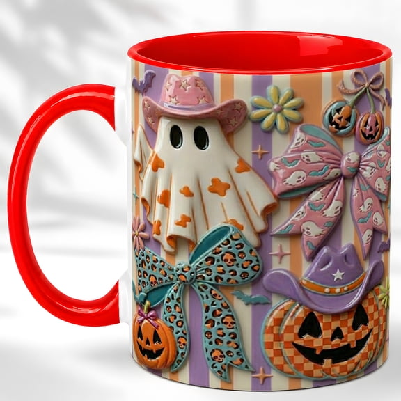 Pastel Ghost Coffee Mug, Halloween Bow Mug, Ceramic 11 oz