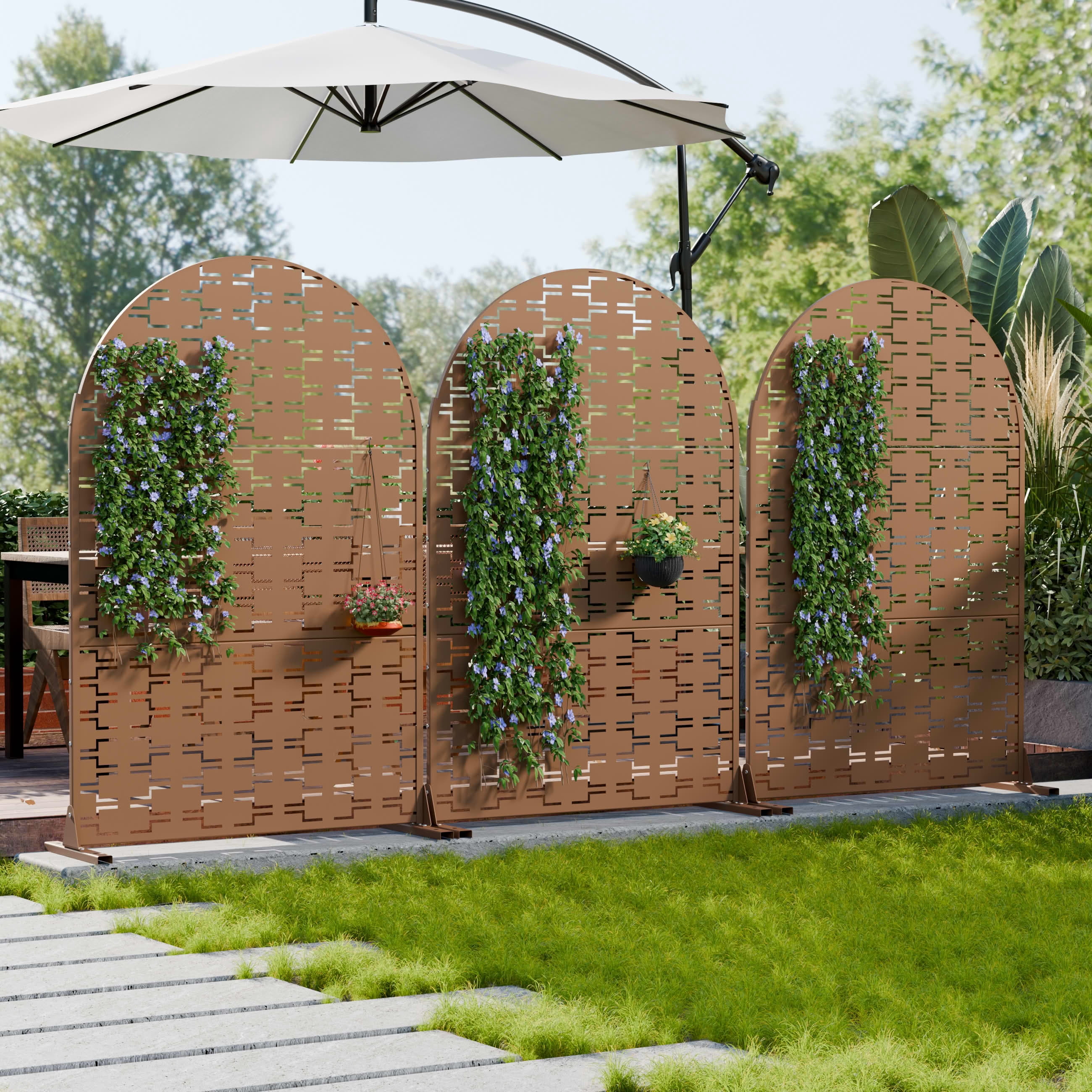 MAYEERTY Outdoor Metal Privacy Screen 6ft × 4ft Brown, 3-Panel Brick Pattern Decorative Screen for Patio