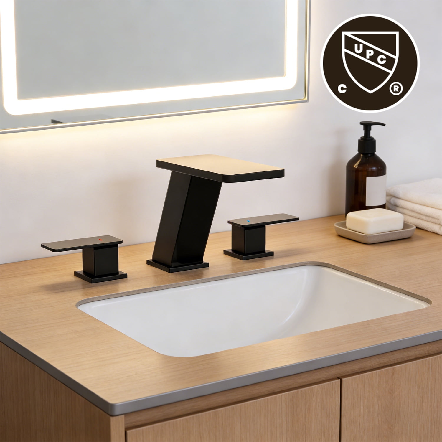 Inster 8 in. Widespread Waterfall Bathroom Faucet, Matte Black, 2-Handle 3-Hole with Pop-up Drain