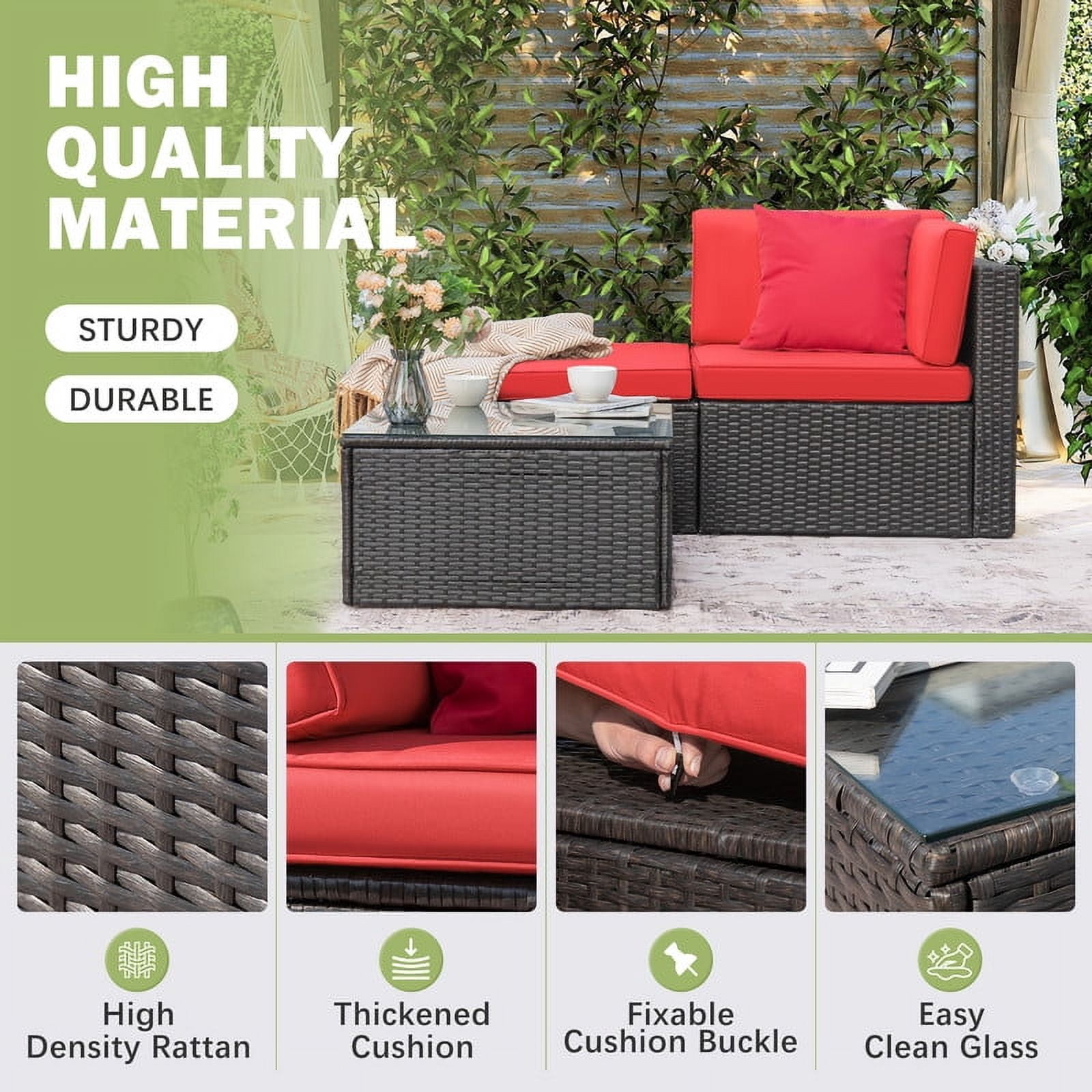 Devoko Outdoor Sectional Sofa PE Rattan Patio Furniture Sets with Cushions and Table,Red