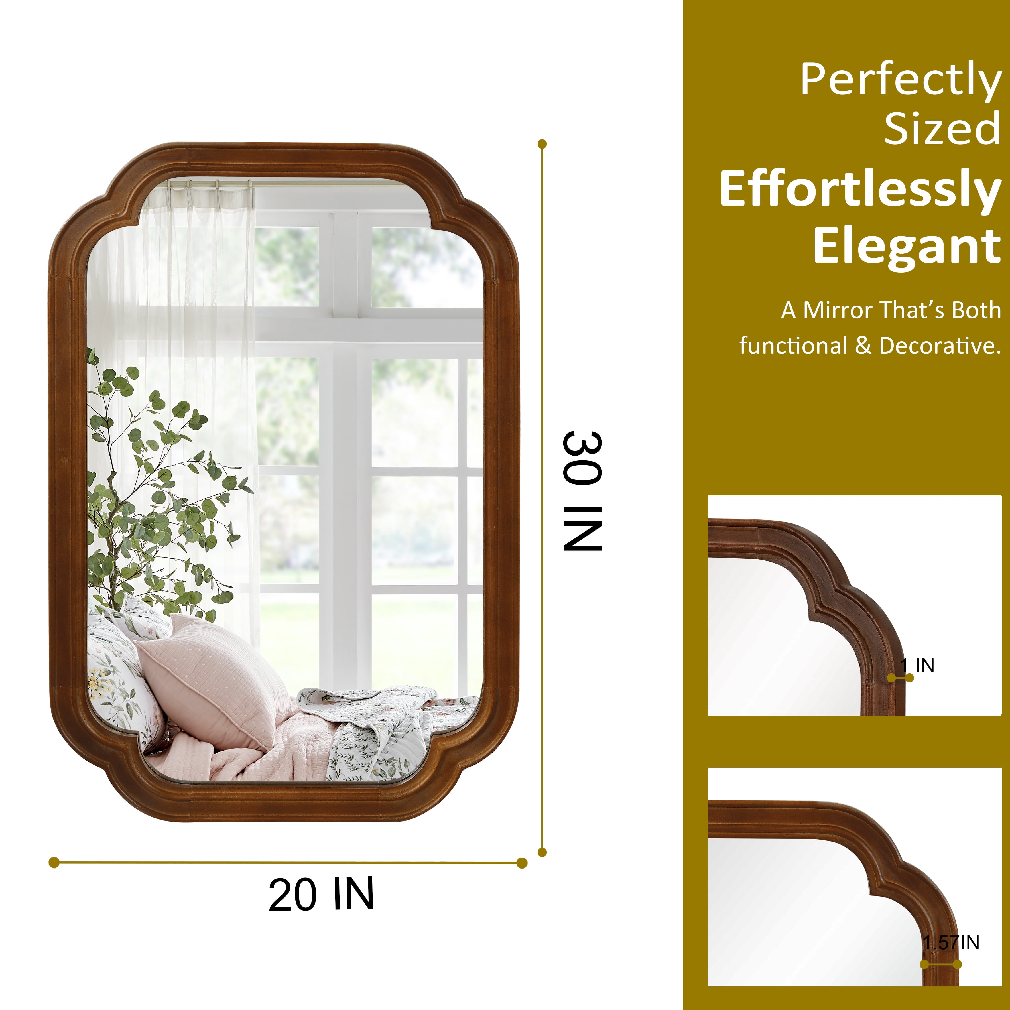 20x30-Inch Rounded Corner Solid Wood Frame Mirror, Decorative Wall Mirror and Vanity Mirror for Bedroom Bathroom Living Room Entryway, Black Walnut