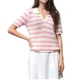 thumbnail image 2 of Womens Crochet Tops Summer Short Sleeve Striped Pullover Sweater Collared Knit Shirts Cover Up Top Pink S, 2 of 7