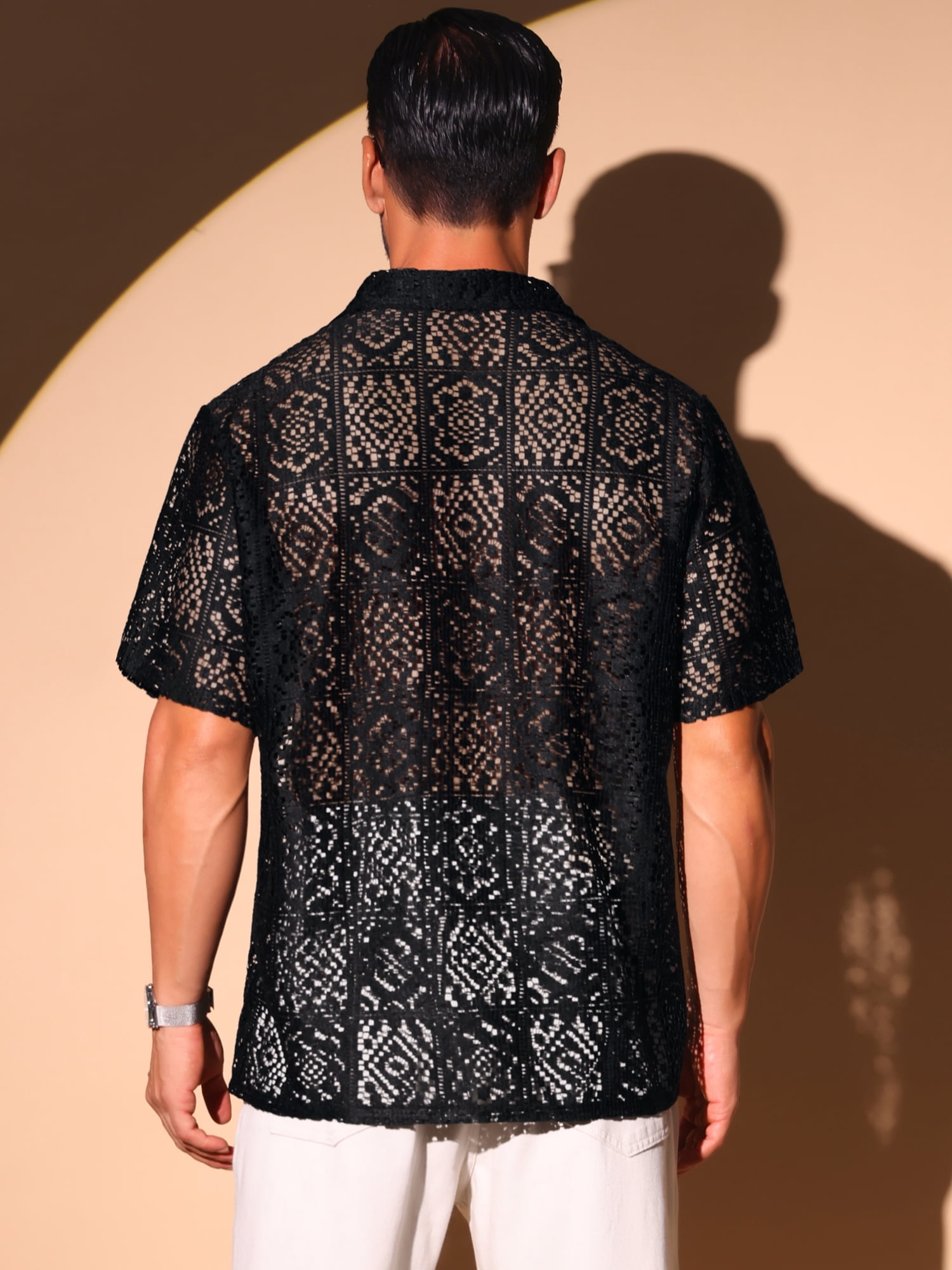 DARING DIVA Men's Hollow Lace Button Down Short Sleeve See Through Mesh Shirts S Black