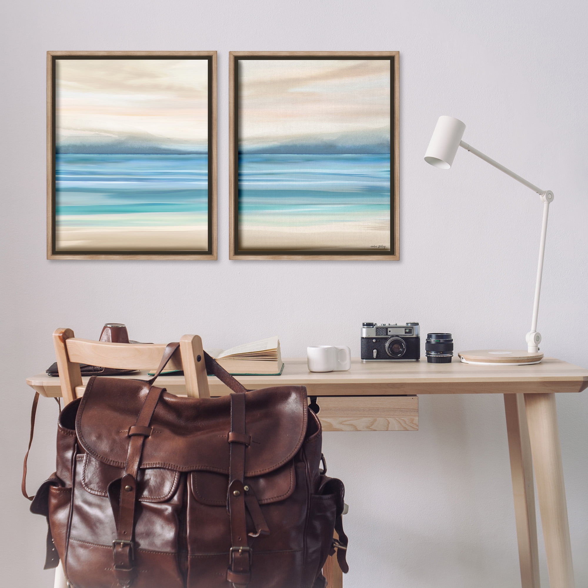 Stupell Industries Subtle Beach Seascape Landscape Painting Brown Floater Framed Canvas Art Print Wall Art, 25 x 31, Set of 2