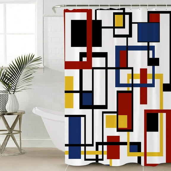 Red Blue Black, Standard Shower Curtain Set, Waterproof Shower Curtains for Bathroom, Geometric Yellow Abstract Middle Century Washable Fabric Cloth Bath Curtain for Bathtub with Hooks 72x72 Inches