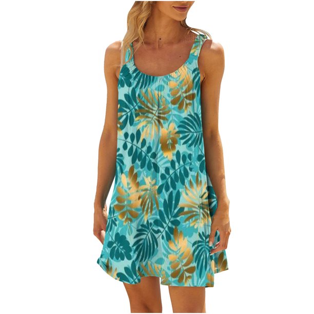 Vestido sin Mangas para las Mujeres Casual Impreso Cuello Redondo Suelto de Rodilla, Verano Vestido de Primavera para el Día Y el Trabajo