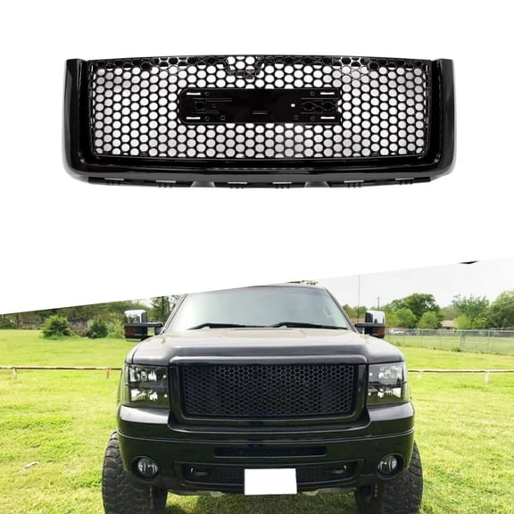 ONEPI Gloss Black Front Grill Compatible with GMC Sierra 1500 2007 2008 2009 2010 2011 2012 2013 Models, No Emblem