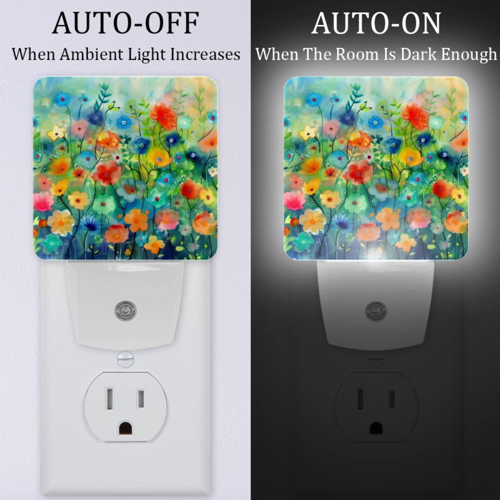 PhooArto Watercolor Floral Colorful Painting Plug in LED Night Light Auto Sensor Dusk to Dawn Decorative Night for Bedroom, Bathroom, Kitchen, Hallway, Stairs, Baby's Room, Energy Saving