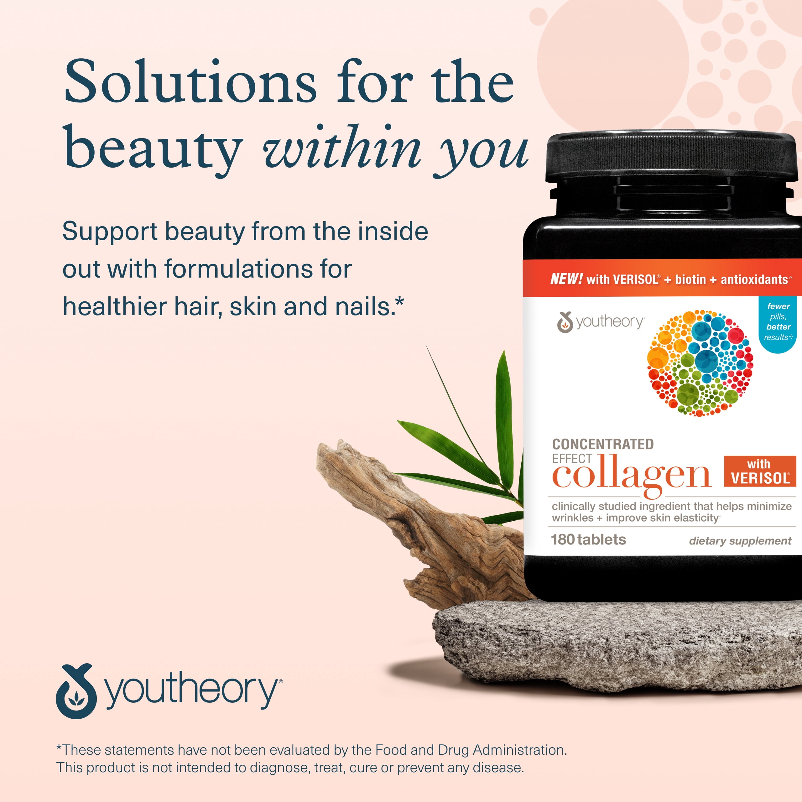 Youtheory Concentrated Effect Collagen with Verisol - Advanced Collagen Supplement - Supports Skin, Hair Thickness & Nail Strength - with Biotin & Vitamin C - Gluten, Soy & Dairy Free - 180 Tablets