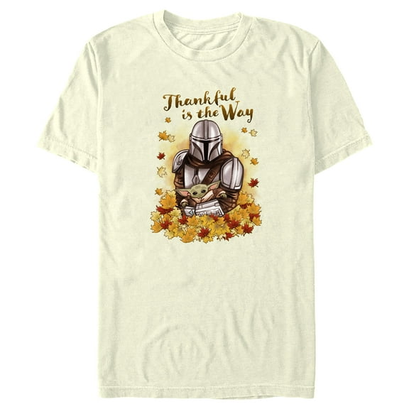 Men's Star Wars: The Mandalorian Grogu and Din Djarin Thankful is the Way Graphic Tee Beige Large