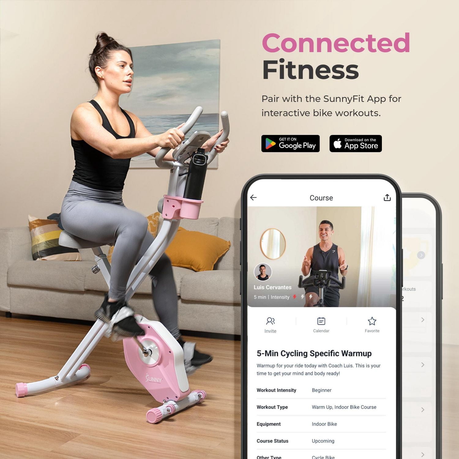 Sunny Health & Fitness Vélo d'Exercice Magnétique Pliable Rose, Pro X-Bike, Capacité de 300LB, Faible Impact, Résistance sur 14 Niveaux, Support Ergonomique, Connectivité Bluetooth Améliorée via l'App