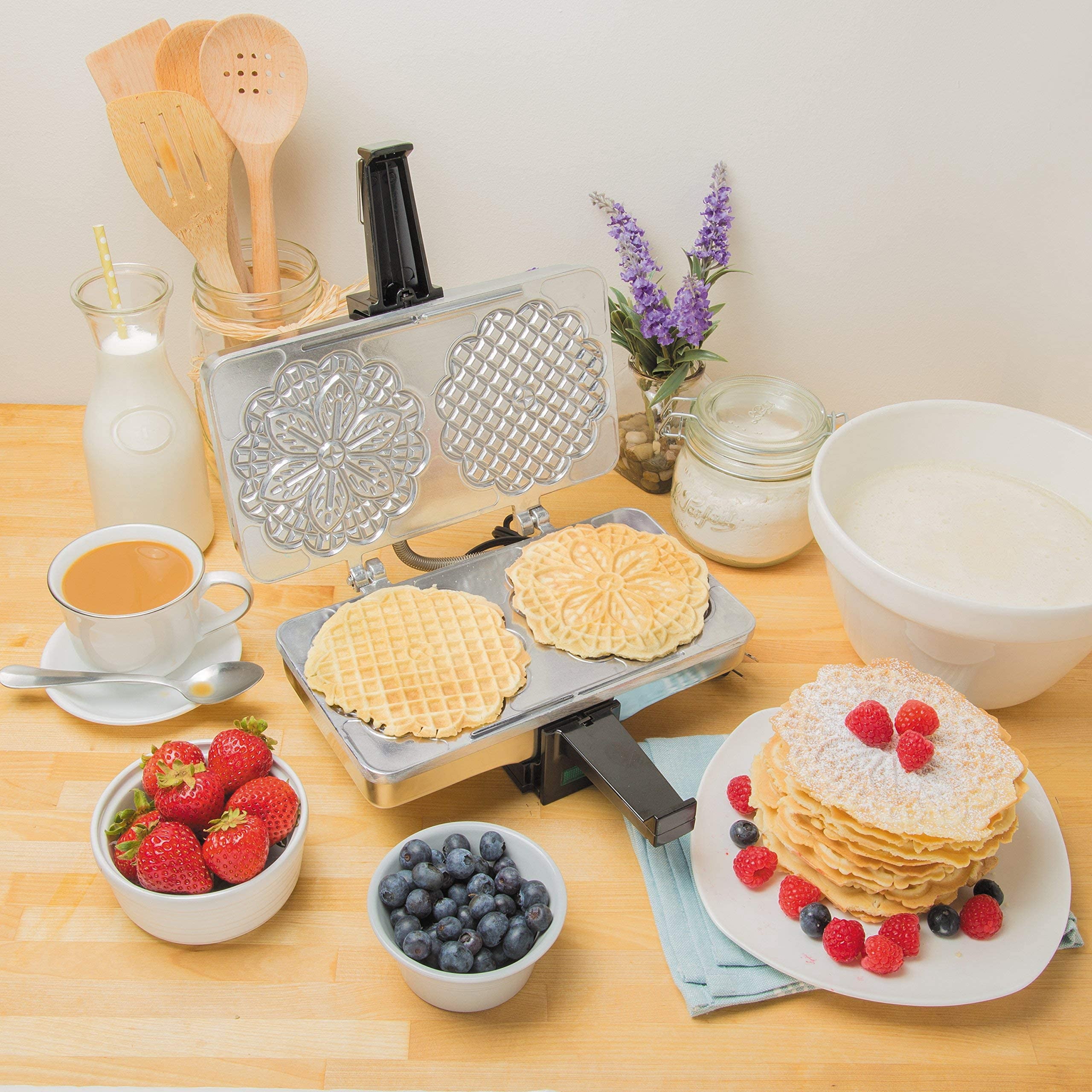 Electric Waffle Maker Silver Pizzelle Baker Makes Two 5-Inch Cookies