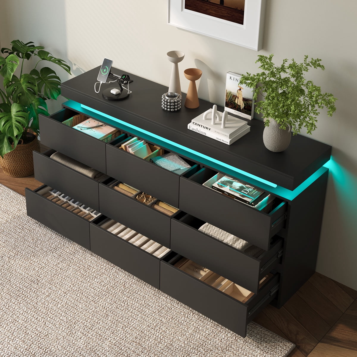 Modern 9-Drawer Dresser with Power Outlet - Storage Cabinet with LED Lights, Wide Chest of Drawers with Charging Station, Organizer for Bedroom, Closet, Living Room