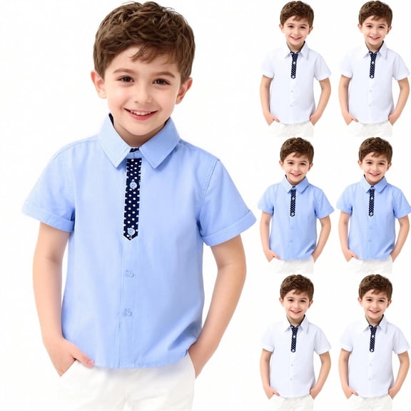 NAISIBABY Boys School Uniform Shirt 8T, Button-Up Cotton Lightweight Short Sleeve Kids Collared Shirt Blue (4-14T)