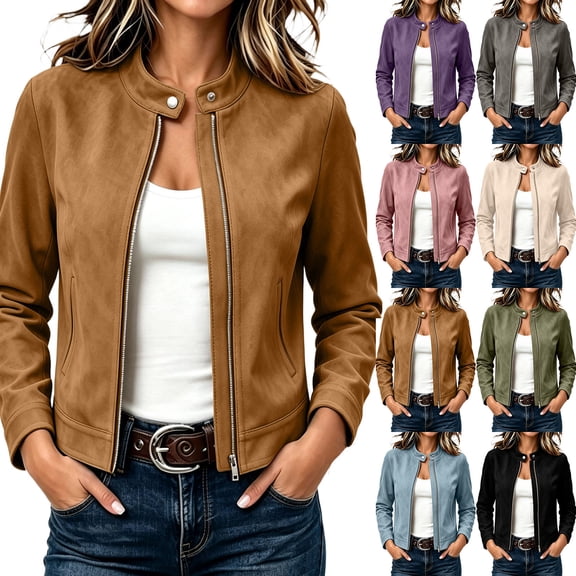 Faux Suede Zip-Up Cropped Jackets For Women Fall Collared Long Sleeve Trendy Casual Loose Coats With Pockets S-XXL