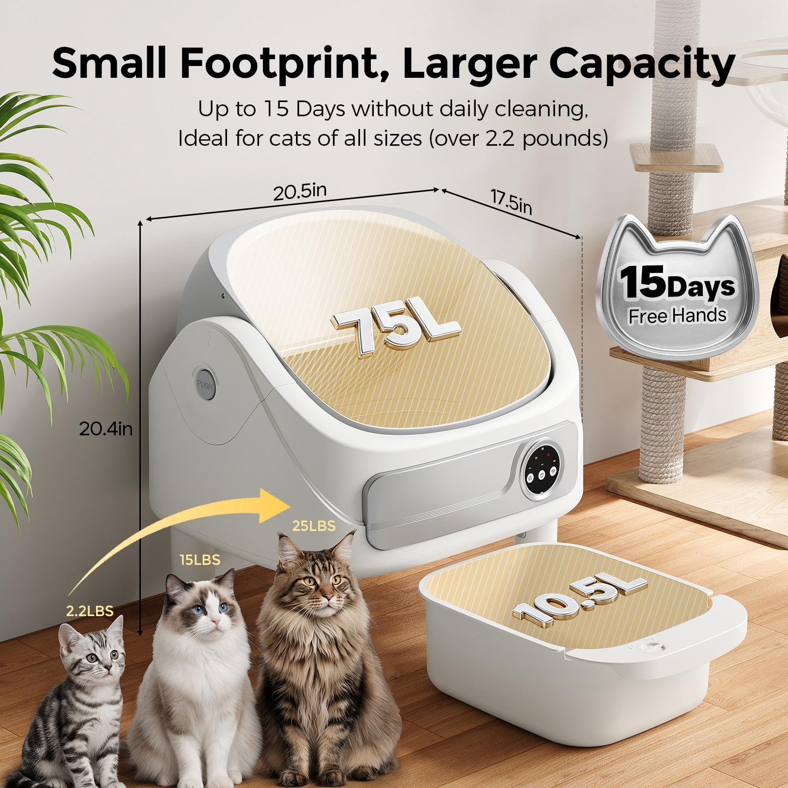 Andpety Automatic Litter Box, Self-Cleaning Cat Litter Box with Bio-Radar & 10 Safety Sensors for Anti-Pinch, Open Top Large Litter Box with App Control & Odor-Removing System, White