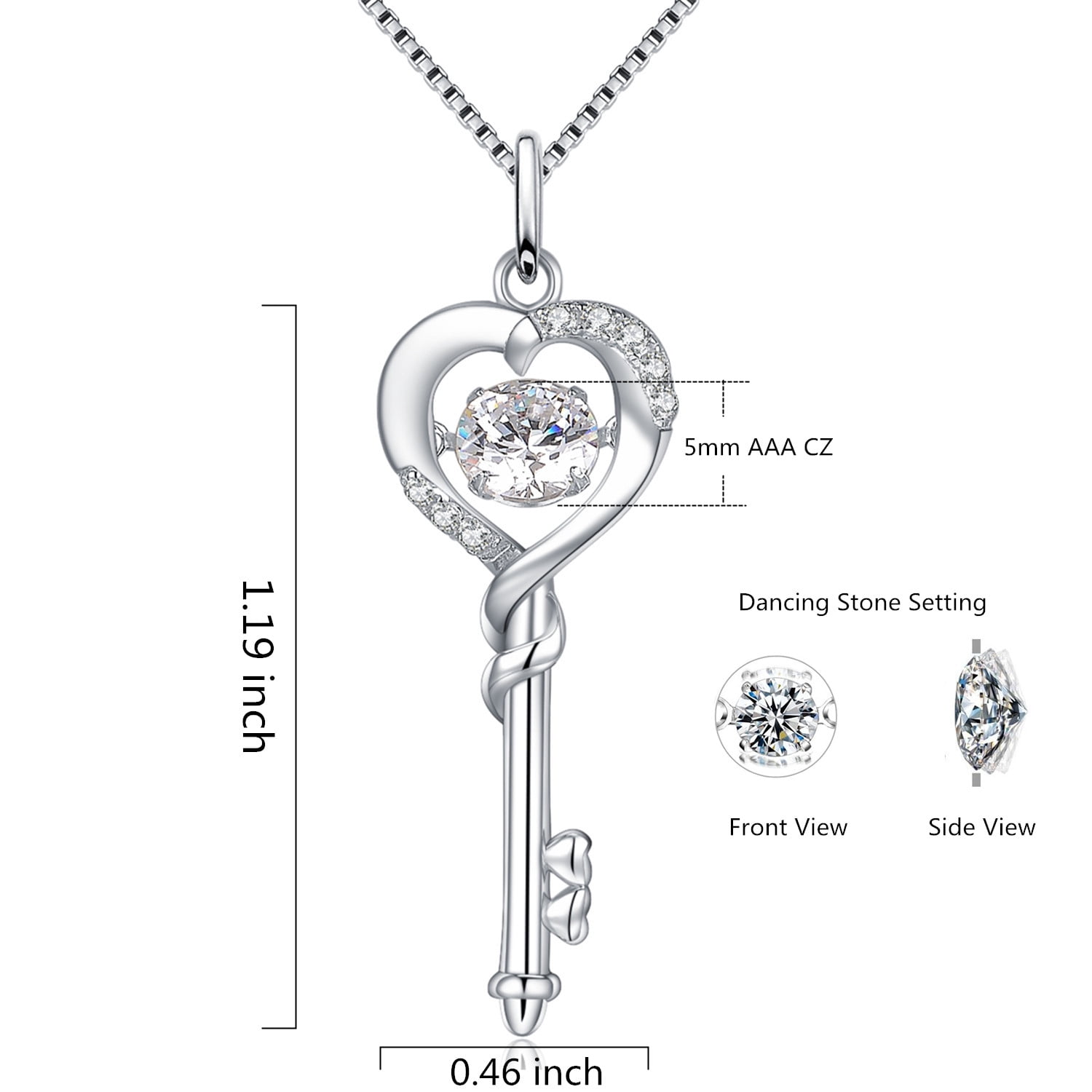 MABELLA Dancing Diamond Key to Heart Sterling Silver Key CZ Pendant Necklace, 18"