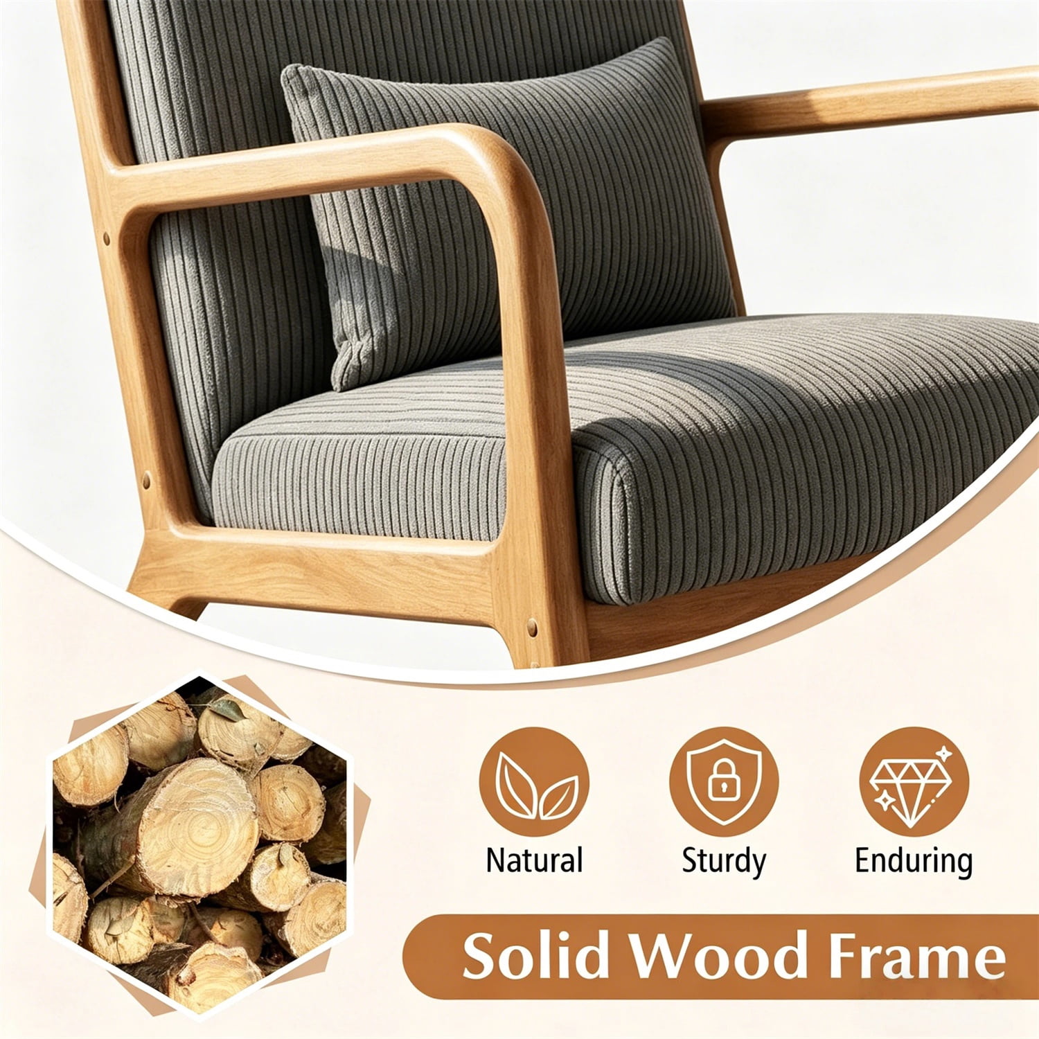 Hommoo Modern Accent Chair, Striped Corduroy Fabric Arm Chair with Solid Wood Frame, Upholstered Comfy Reading Chair for Home, Gray
