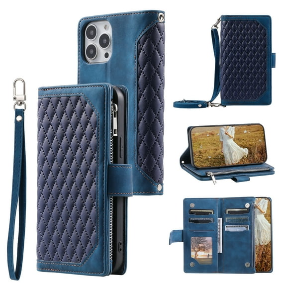 Nalacover for iPhone 14 Pro Max Flip Kickstand Wallet Case,Full Body Protection Luxury PU Leather Shockproof Magnetic Closure Zipper Pocket with Detachable Hand Strap&Shoulder Strap Cover.Blue