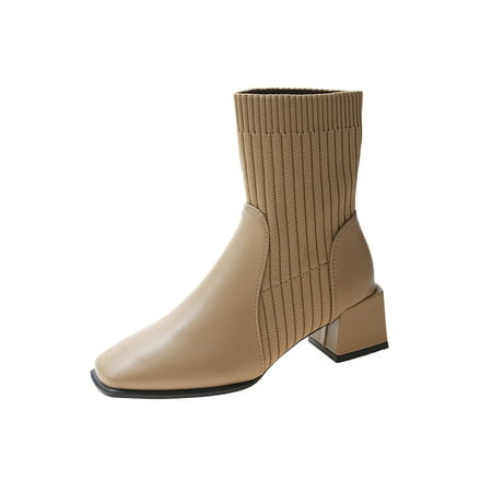 

Ferndule Women Sock Style Elastic Boots Office Anti Slip Chelsea Boot Comfort Square Toe Khaki 7