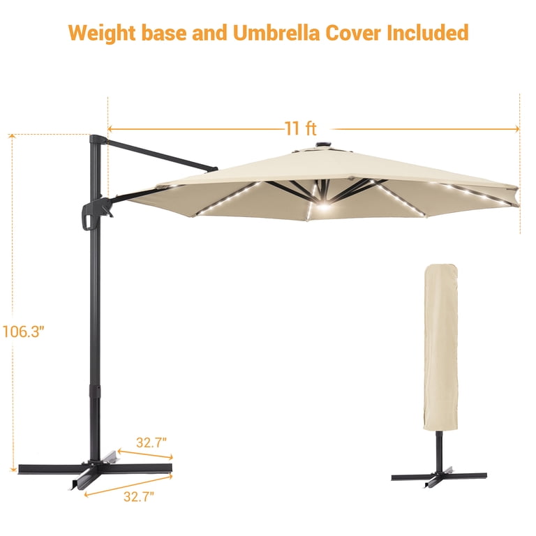 Flame&shade 11 ft LED Patio Cantilever Umbrella Outdoor Aluminum Offset Hanging Rotation w/Solar Lights,Beige