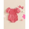 thumbnail image 2 of Bagilaanoe Newborn Baby Girl Summer Rompers Plaid Short Sleeve Off Shoulder Bodysuits + Headband 3M 6M 12M 18M Infant One Piece Jumpsuit, 2 of 7