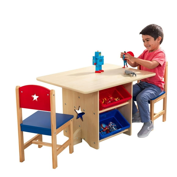 KidKraft Ensemble Table et Chaises en Bois Étoile avec 4 Bacs de Rangement, Meubles pour Enfants Rouge, Bleu & Naturel