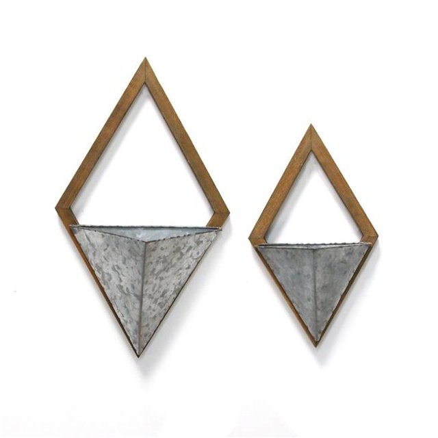 Stratton Home Decor S21056 Diamond Wall Planters, Galvanized & Walnut - Set of 2