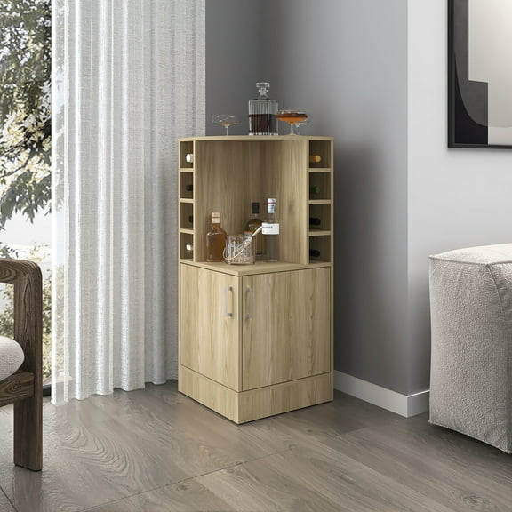 Natural Oak Corner Bar Cabinet With Versatile Wine Storage & Hidden Compartments Holder Compartment