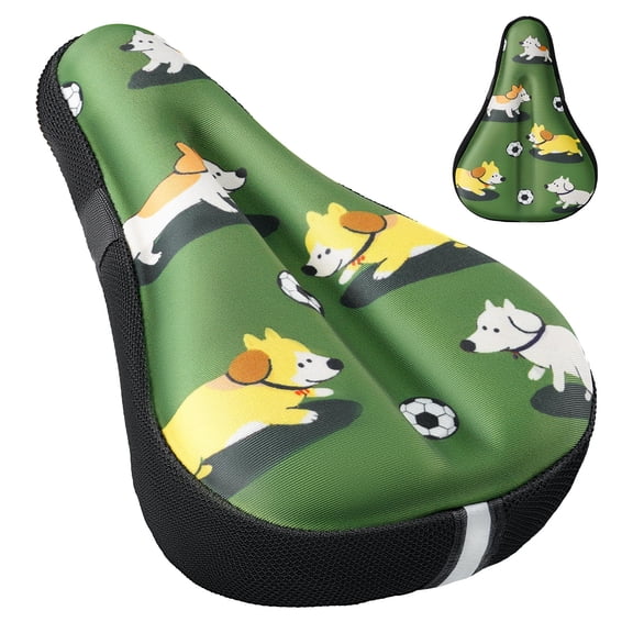 Kids Bike Seat Cushion for Boys Girls, Gel Padded Toddler Bike Seat Cover, Breathable & Extra Soft Gel Memory Foam Child Bicycle Saddle 9"x6", Cute Dog & Soccer Design