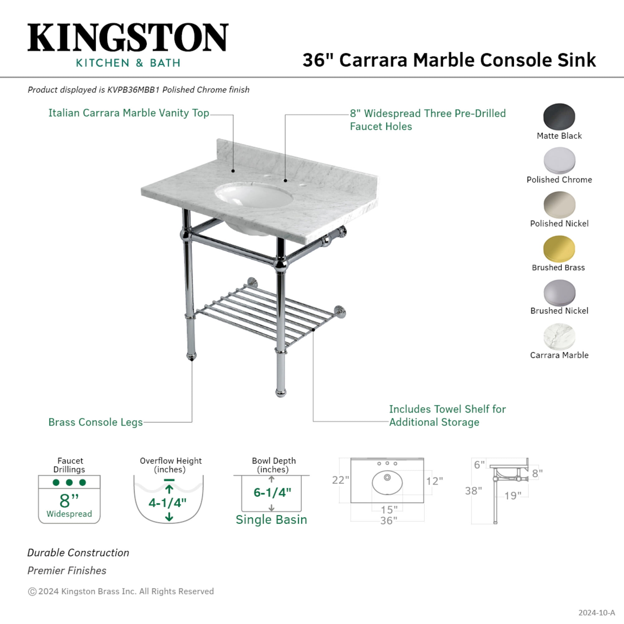 Kingston Brass KVPB36MBB1 Templeton 36" Carrara Marble Console Sink with Brass Legs and Shelf (8-Inch, 3-Hole), Carrara Marble White/Polished Chrome