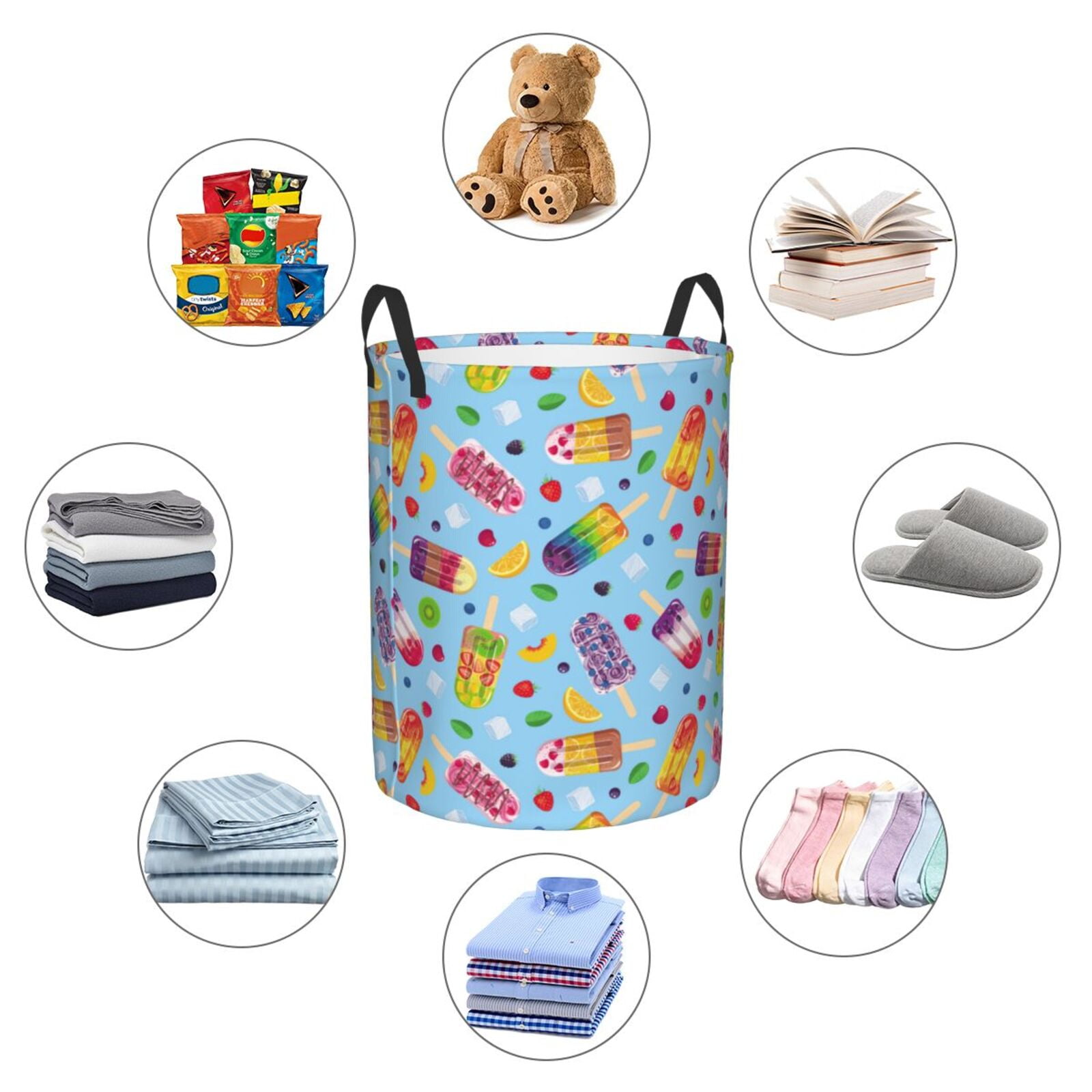 Large Laundry Basket with Handles - Cool Summer Ice Cream Print Kids Baby Dirty Clothes Laundry Hamper for Bedroom Aesthetic