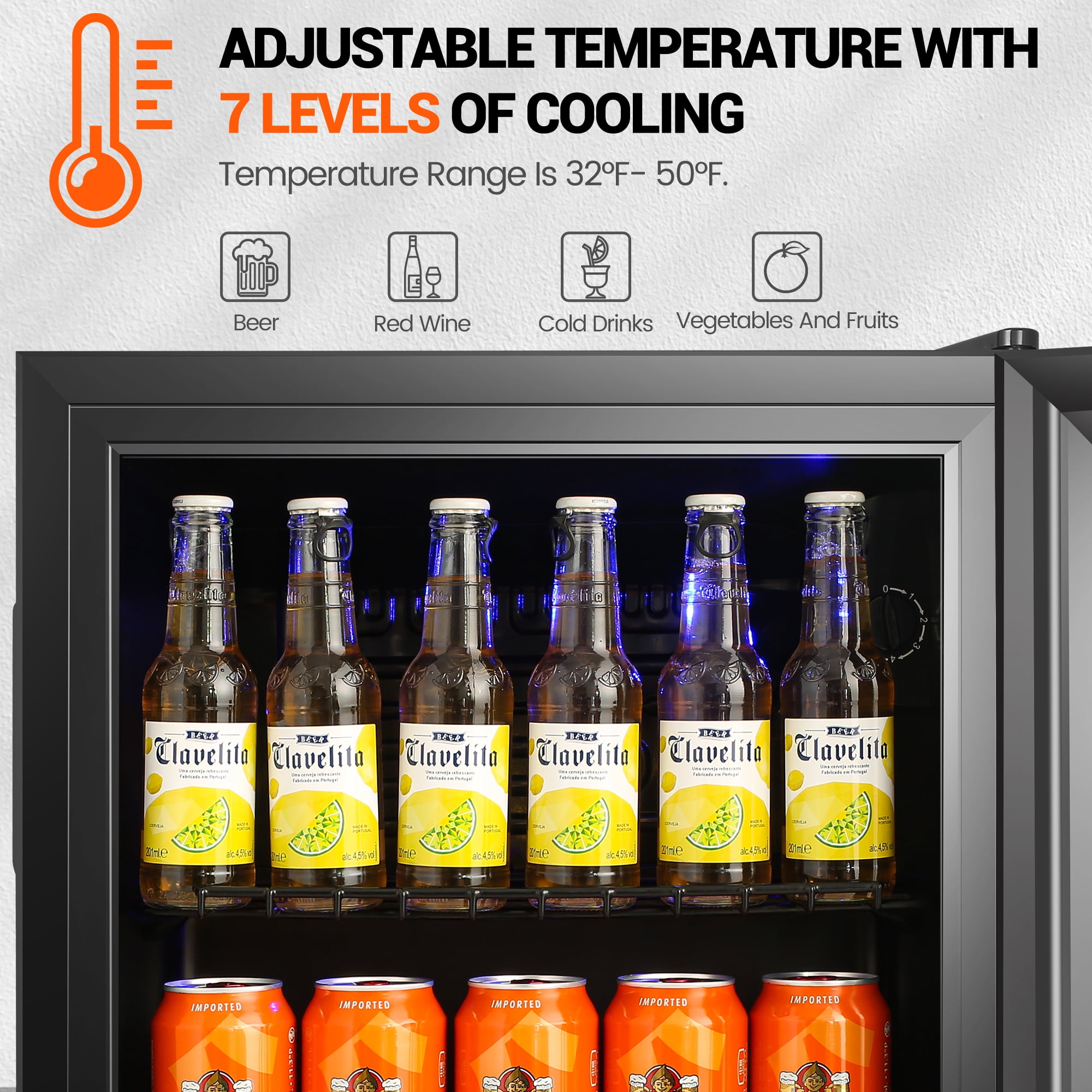 WANAI Beverages,with Temperature control,Mini Fridge,Refrigerator,Glass Door 50 Can Mini Cooler with Wine Rack,Stainless Steel Look