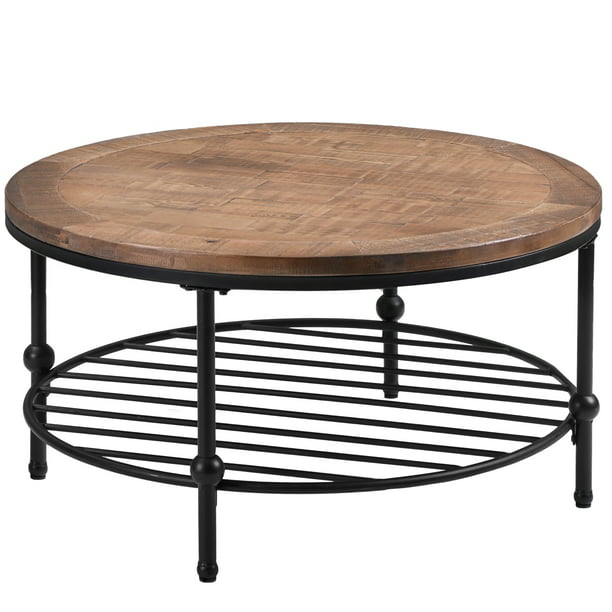 Newway Rustic Natural Round Coffee, Metal And Wood Round Coffee Table With Storage
