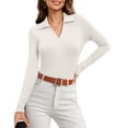 thumbnail image 3 of JYLFC Women's Long Sleeve Polo V Neck T Shirts Fall Ribbed Knit Slim Fitted Collared Tops, White M, 3 of 8