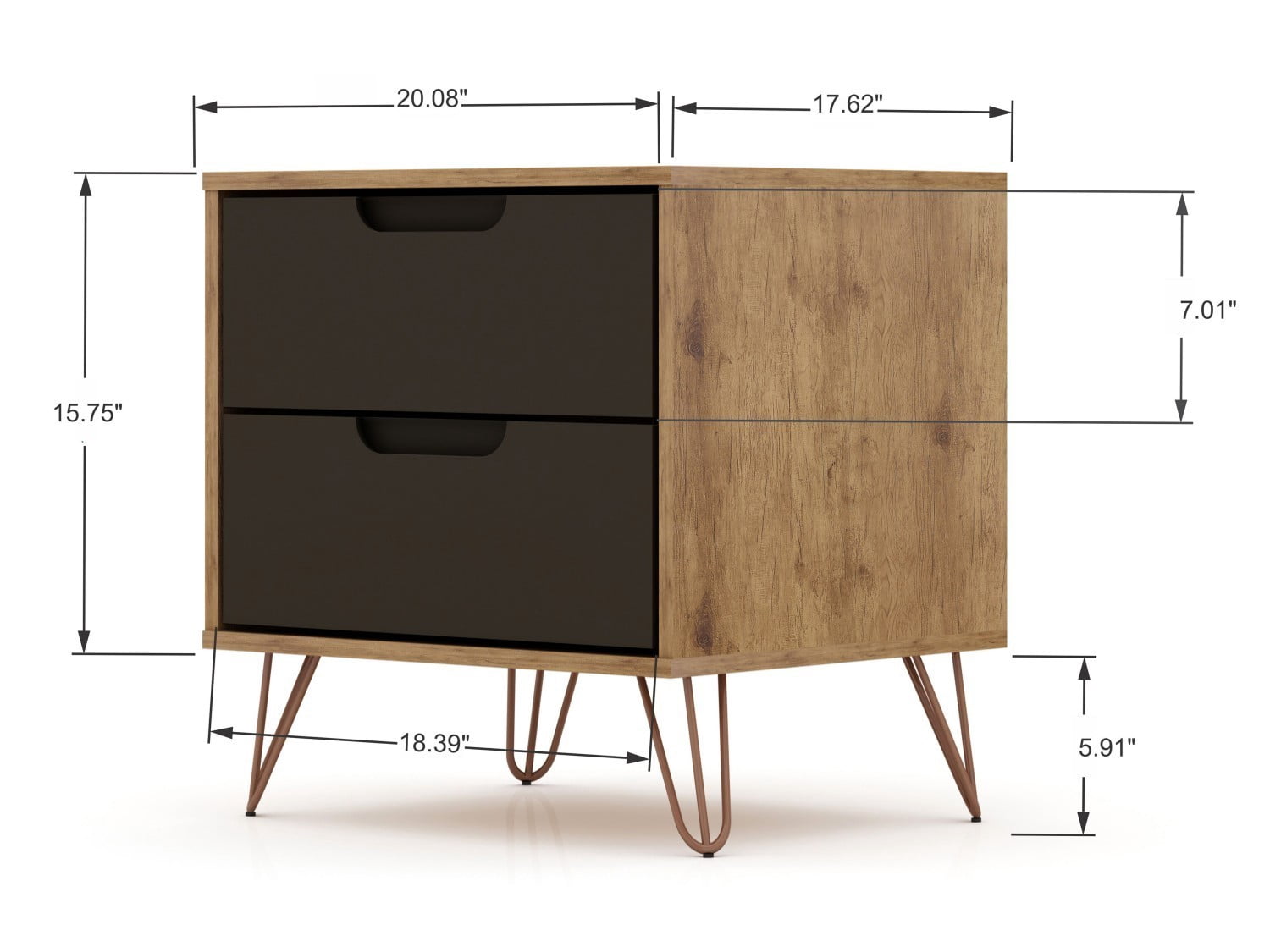 Nightstand, Mid Century Modern Bedside Table with 2 Drawers, Metal Splayed Legs and Adjustable Handle Design, Storage End Table for Bedroom Living Room, Gray