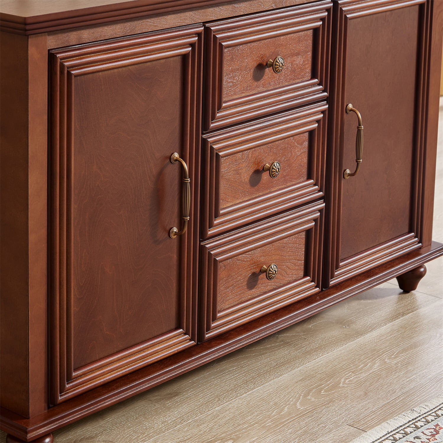 Hommoo Mid Century Modern Sideboard Buffet Cabinet, Wooden Accent Storage Cabinet with 2 Doors and 3 Drawers for Kitchen Dining Living Room Entryway, Walnut