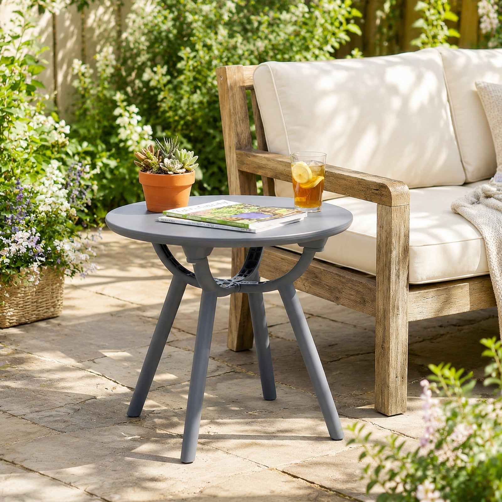 Furnibear Outdoor Round Patio Storage Side Table Set of 2 with Weatherproof PP and ABS Build for Poolside Backyard Balcony and Deck, Gray