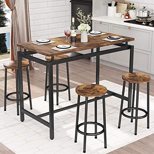 Recaceik Dinning Table Sets for 4 Bar Table and Chairs Set Industrial Outdoor Table w/ 4 Stools for Home, Farmhouse, Restaurant, Cafe, Kitchen, Dining Room, Breakfast Nook, Small Space Living Room