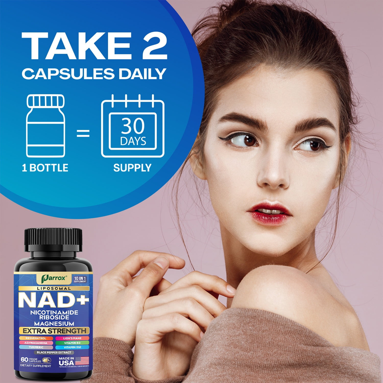 Parrox NAD+ Supplement with Vitamin B3 & B12, Magnesium, Resveratrol, Niacinamide, Turmeric, Ashwagandha, Lion’s Mane, Black Pepper Extract, Liposomal NAD, 10-in-1 Extra Strength (3 Pack)