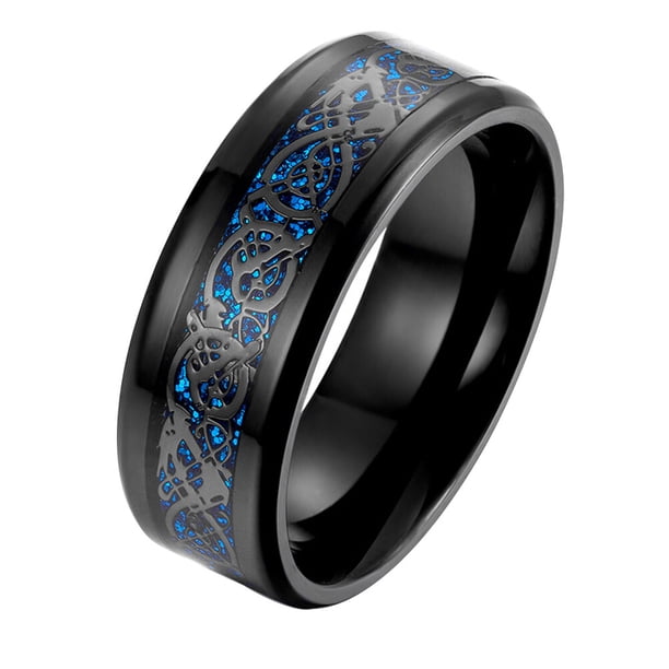 Anillo de dedo con pulido de espejo, único anillo de fibra de carbono Nibelon, moderno y con personalidad para hombre (parte inferior negra y azul, talla 7)