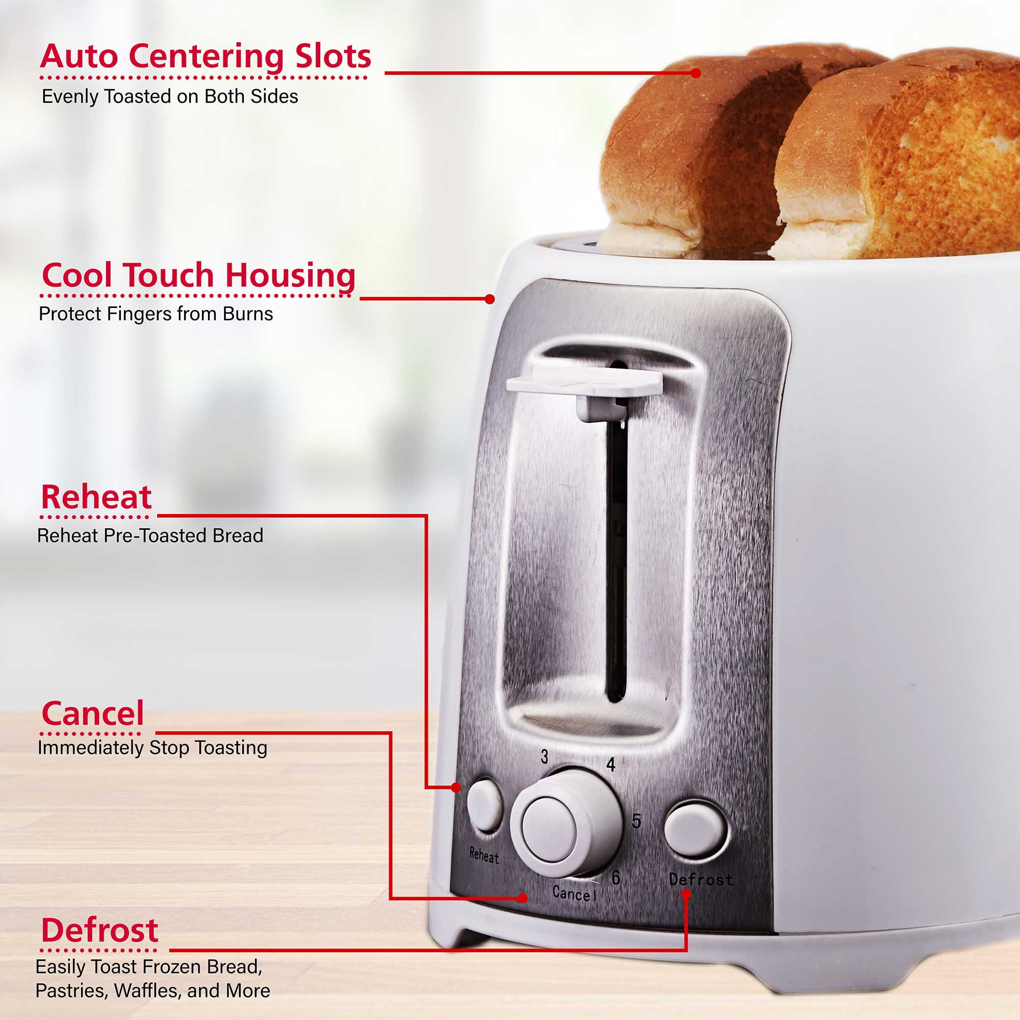 Brentwood 2-Slice Cool-Touch Toaster with Extra-Wide Slots (White and Stainless Steel)