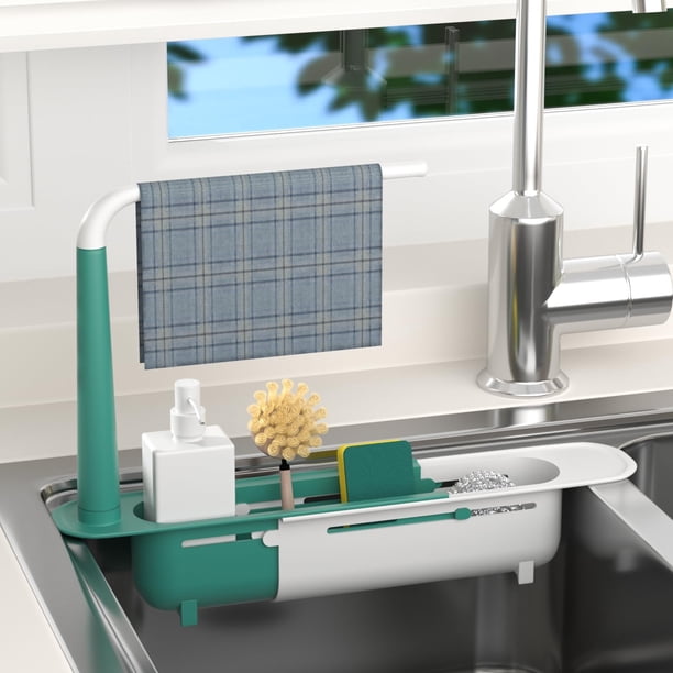 Cesta telescópica para fregadero – Cesta para fregadero de cocina con brazo extensible, organizador extraíble para colocar sobre el fregadero, ideal para guardar esponjas y accesorios de lavado
