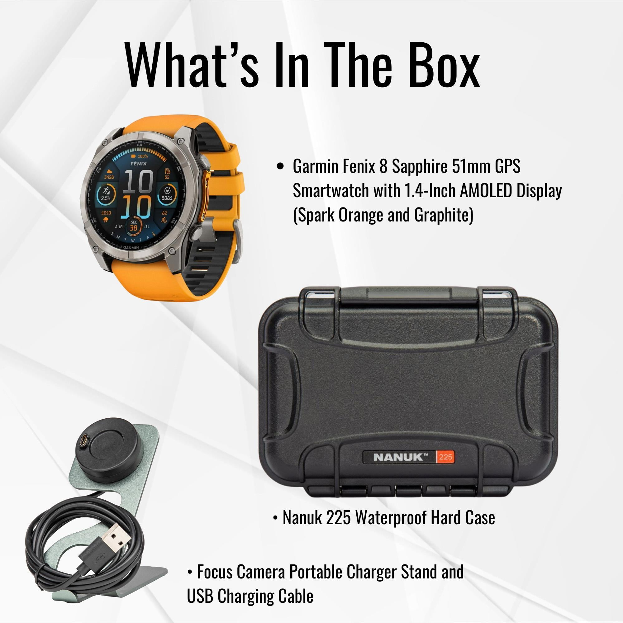 Garmin Fenix 8 Sapphire 51mm GPS Smartwatch with 1.4-Inch AMOLED Display (Spark Orange and Graphite) Bundle with Waterproof Hard Case (Black) and Focus Camera Charger Stand (3 Items)